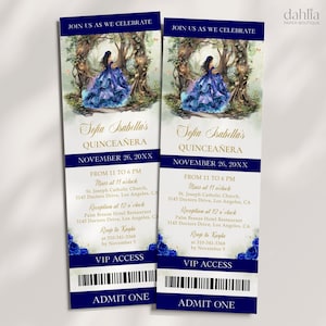 Verzauberter Wald Quinceaňera Ticket-Einladung, EDITIERBARE königsblaue magische Gartenparty Mis Quince Anos, Märchenwald-Geburtstag, Q132