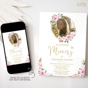 Funeral Invitation Template, Editable Floral Pink Funeral Announcement Template, Printable Memorial Service Evite Celebration of Life, FN018
