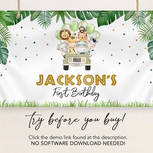 Pu&ograve; includere: Uno striscione bianco stampabile a tema giungla. Lo striscione presenta una jeep verde con un gruppo di animali della savana, tra cui un leone, una zebra, una scimmia e una giraffa. Il testo "JACKSON'S First Birthday" &egrave; in lettere dorate. Lo striscione include anche il testo "Try before you buy!" e "Fai clic sul collegamento demo che trovi nella descrizione. NON &Egrave; NECESSARIO SCARICARE SOFTWARE!"