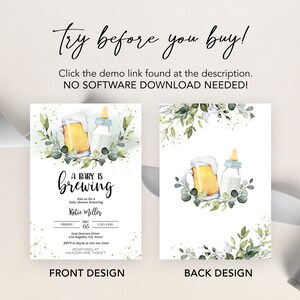 May include: A baby shower invitation with a watercolor illustration of a beer mug and a baby bottle. The text reads "A Baby is Brewing" and includes details for the event, such as the date, time, and location. The back of the invitation features a similar watercolor illustration of the beer mug and baby bottle.