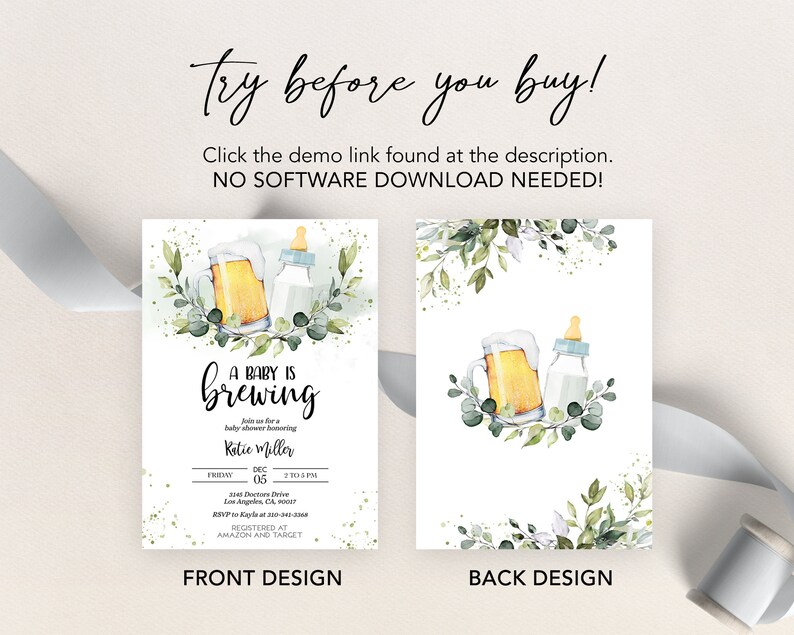 May include: A baby shower invitation with a watercolor illustration of a beer mug and a baby bottle. The text reads "A Baby is Brewing" and includes details for the event, such as the date, time, and location. The back of the invitation features a similar watercolor illustration of the beer mug and baby bottle.