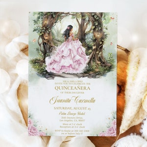 Invito per la festa della Quinceañera nella foresta incantata, invito MODIFICABILE per la festa in giardino magico rosa, Mis Quince Anos, 15° compleanno nella foresta delle fiabe, Q126