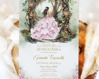 May include: A Quinceañera invitation with a watercolor illustration of a young woman in a pink dress walking through a forest. The text reads "MR. & MRS LOPEZ INVITE YOU TO CELEBRATE THE QUINCEAÑERA OF THEIR DAUGHTER Juanita Carmella SATURDAY, AUGUST 23 Palm Breeze Hotel 3145 Doctors Drive, Los Angeles, CA, 90017 Mass at 1 o' clock Reception at 3 o' clock RSVP to Kayla at 310-341-3368 on or before July 17"