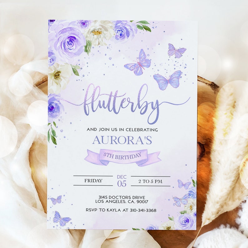 EDITABLE Butterfly Birthday Invitation, Kids Magical Garden Invite Template, Floral Lilac Purple and Gold Girl Party, Instant Download KP060 image 9