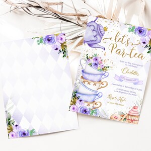 May include: Purple and gold tea party invitation with a stack of teacups and a teapot. The invitation says "Let's Par-tea" and includes the text "Join us for a tea party to celebrate Charlotte's 5th Birthday".