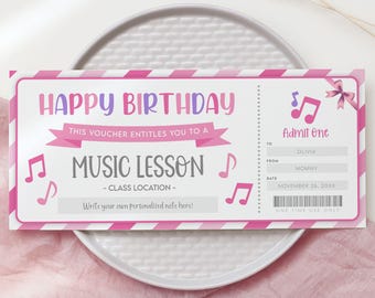 Music Lessons Gift Certificate, Editable Birthday Surprise Template, Custom Instrumental Lessons Gift Coupon, Printable Vouchers For Her