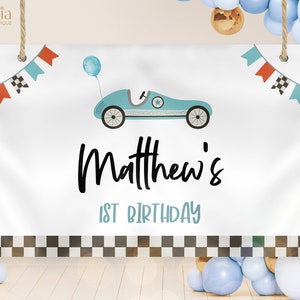 Sfondo del primo compleanno di auto da corsa blu, primo viaggio modificabile in pista, modello di banner festa auto da corsa stampabile, arredamento moderno, KP139