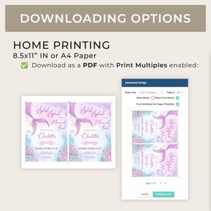 May include: A printable PDF template for a mermaid-themed party invitation. The invitation features a mermaid tail with pink and purple scales, a crown, and the text "Splish Splash It's a Mermaid Bash". The invitation is designed for 8.5x11 inch paper and includes options for printing multiple invitations per page.