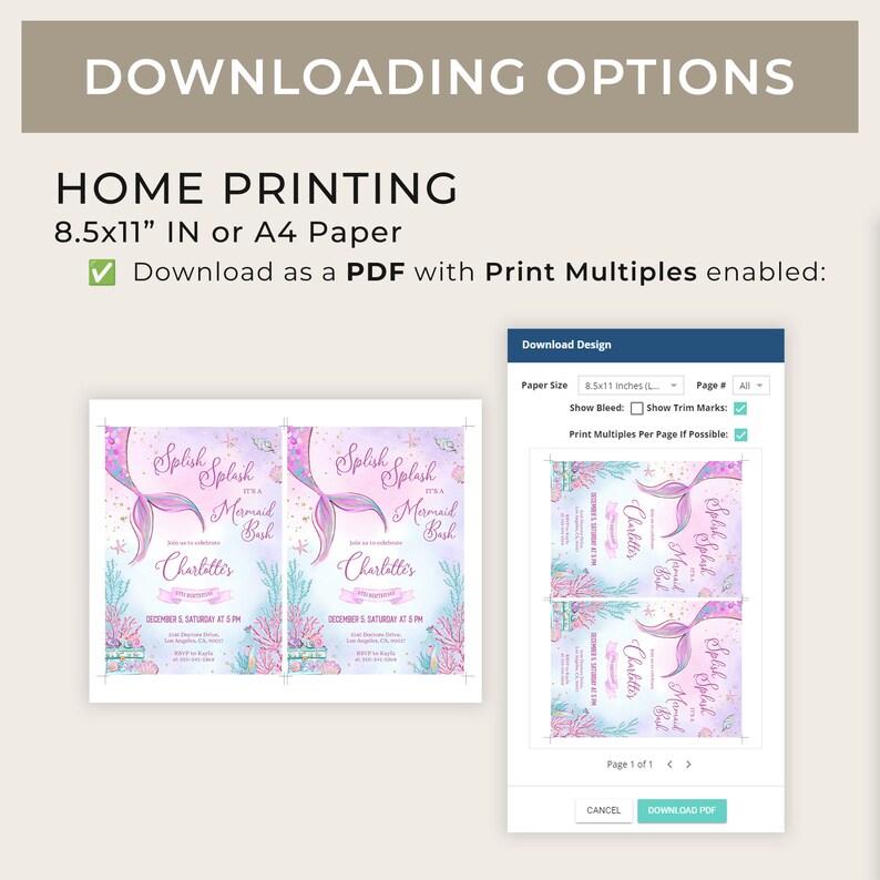 May include: A printable PDF template for a mermaid-themed party invitation. The invitation features a mermaid tail with pink and purple scales, a crown, and the text "Splish Splash It's a Mermaid Bash". The invitation is designed for 8.5x11 inch paper and includes options for printing multiple invitations per page.