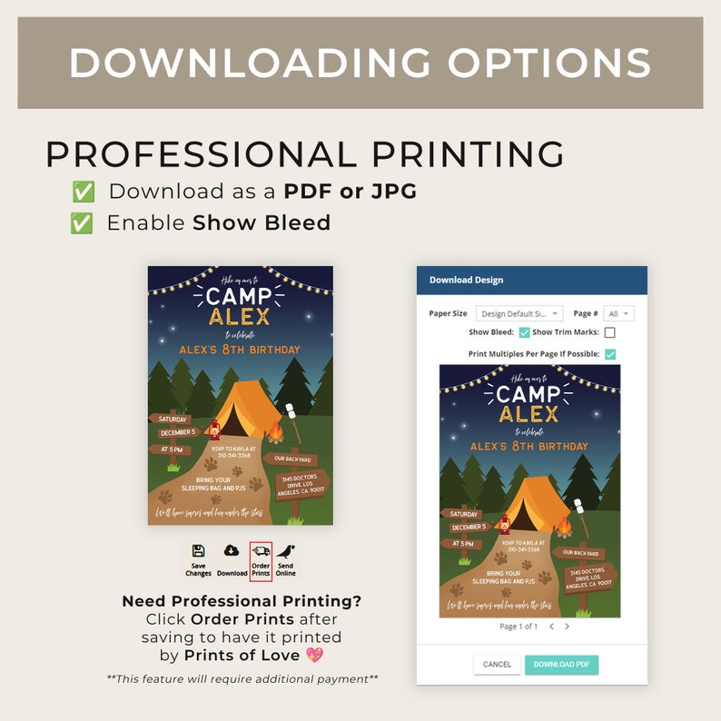 May include: A printable invitation for a child's birthday party with a camping theme. The invitation features a tent, a campfire, and a sign that says "Camp Alex". The text on the invitation says "Alex's 8th Birthday".