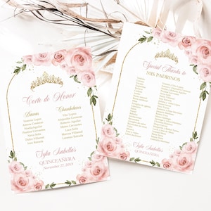 Liste des Mis Padrinos de Quinceañera, rose pâle et or, modèle MODIFIABLE Tiara Rose 15e anniversaire, Mis Quince Anos, téléchargement immédiat, Q020