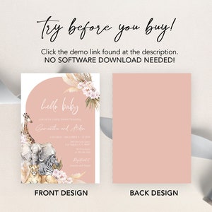 Puede incluir: Una invitaci&oacute;n de baby shower rosa con una ilustraci&oacute;n de acuarela de una jirafa, un elefante, una cebra y un le&oacute;n. El texto "hello baby" est&aacute; en un c&iacute;rculo con un dise&ntilde;o floral. La invitaci&oacute;n es para un baby shower para Gromantha y Aiden.