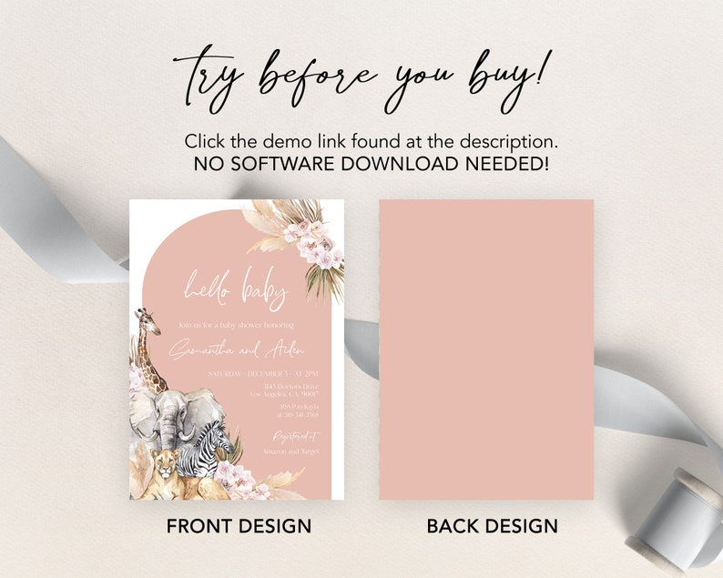Puede incluir: Una invitaci&oacute;n de baby shower rosa con una ilustraci&oacute;n de acuarela de una jirafa, un elefante, una cebra y un le&oacute;n. El texto "hello baby" est&aacute; en un c&iacute;rculo con un dise&ntilde;o floral. La invitaci&oacute;n es para un baby shower para Gromantha y Aiden.