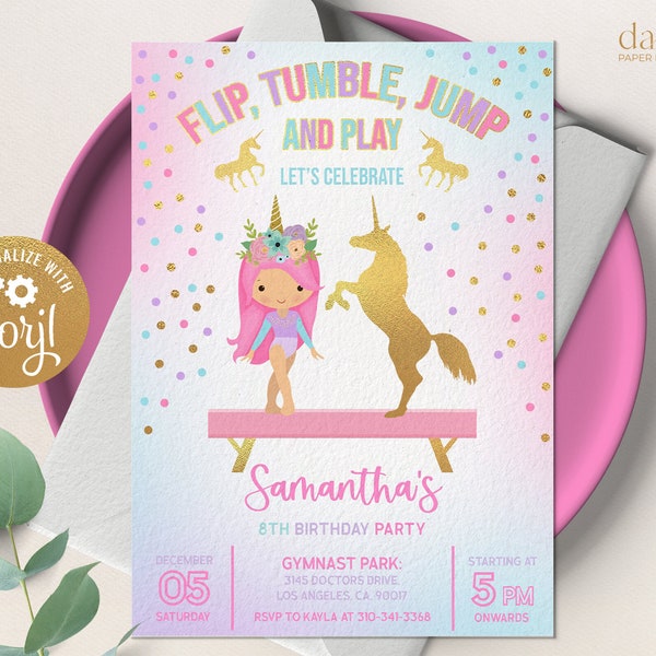 Gymnastics Unicorn Birthday Invitation, EDITABLE Gymnastics Party Invitation Template,Girl Gymnastics Magical Unicorn Instant Download KP036