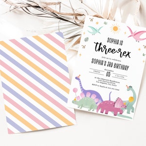 May include: A colorful dinosaur-themed birthday invitation for a 3-year-old girl named Sophia. The invitation features a bright yellow sun, green and pink dinosaurs, and the text "Sophia is three-rex".