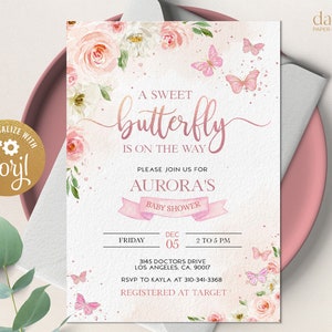 EDITABLE Butterfly Baby Shower Invitation, Magical Garden Invite Template, Floral Rose Gold and Blush Pink Girl Party Instant Download BS130