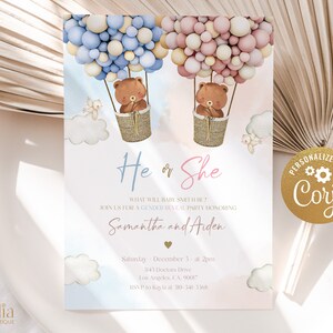 Teddy Bears Gender Reveal Invitation, Hot Air Balloon Gender Reveal Invite Template, He Or She, Boy Or Girl, Boho Watercolor Bear, GR007