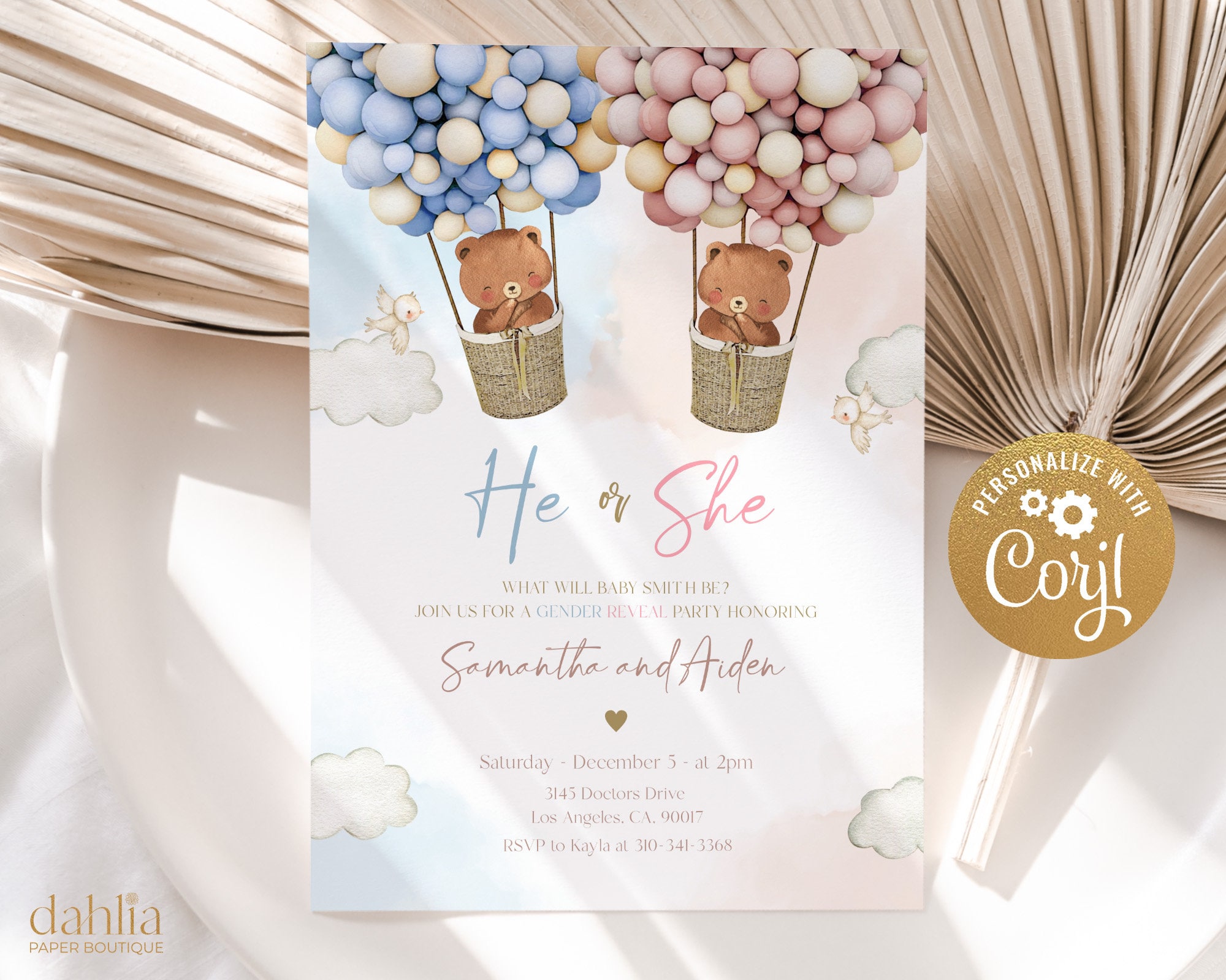 Teddy Bears Gender Reveal Invitation Hot Air Balloon Gender Etsy France