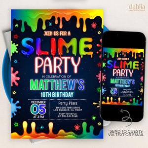 Invitación de cumpleaños de limo, plantilla EDITABLE de invitación a fiesta de limo brillante de neón, cumpleaños de niño arco iris, tiempo de limo brillante, descarga instantánea, KP217