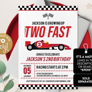 May include: A red and black race car birthday party invitation with a checkered flag design. The invitation says "Jackson is growing up two fast" and "Join us to celebrate Jackson's 2nd birthday". The invitation also includes the date, time, and location of the party.