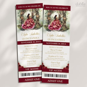 Verzauberter Wald Quinceaūra Ticket-Einladung, EDITIERBARE Burgunder Magische Gartenparty Mis Quince Anos, Märchenwald 15.Geburtstag, Q130