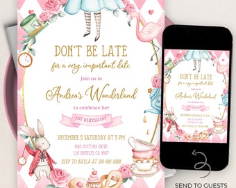 Alice in Wonderland eerste verjaardagsuitnodiging, BEWERKBARE grillige Mad Tea Party uitnodiging sjabloon, roze Onederland meisje Instant Download KP073