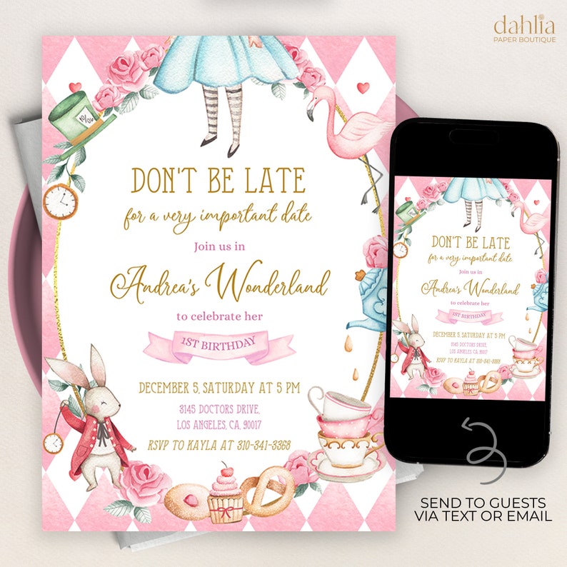 Alice in Wonderland First Birthday Invitation, EDITABLE Whimsical Mad Tea Party Invite Template, Pink Onederland Girl Instant Download KP073 image 1