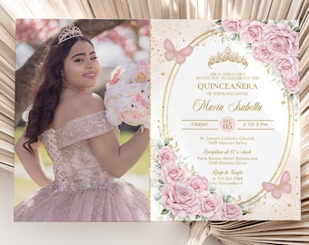 May include: A quinceañera invitation with a pink and gold floral design. The invitation features a photo of the quinceañera, a crown, butterflies, and the text "MR. & MRS LOPEZ INVITE YOU TO CELEBRATE THE QUINCEAÑERA OF THEIR DAUGHTER Maria Isabella FRIDAY DEC 05 2 TO 5 PM St. Joseph Catholic Church, 3145 Doctors Drive Reception at 12 o'clock Palm Breeze Hotel Restaurant, 3145 Doctors Drive Roup to Kagla at 310-341-3368 by November 5".