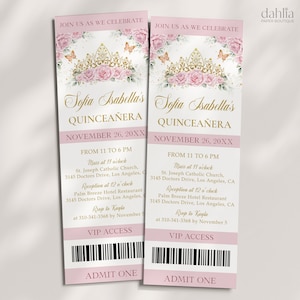 Erröten Rosa Gold Quinceaña Tiara Ticket-Einladung, EDITIERBARE Rosenschmetterling-Vorlage, Mis Quince Anos, Blumen 15. Geburtstag einladen, Q030