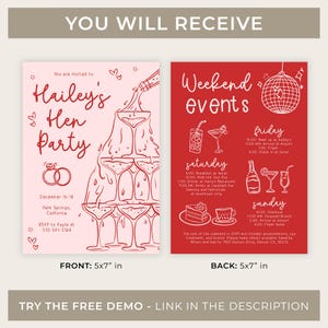 May include: A printable invitation for a weekend hen party. The front features a pink background with a champagne tower illustration. The back features a red background with a schedule of events for Friday, Saturday, and Sunday. The text on the front reads "Hailey's Hen Party" and the text on the back reads "Weekend Events".