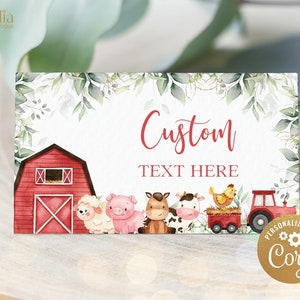 May include: A printable farm-themed party favor tag with a red barn, a pig, a sheep, a horse, a cow, a chicken, and a red tractor. The tag has a white background with green leaves and the text "Custom Text Here".