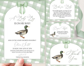 May include: A baby shower invitation with a green and white gingham pattern. The invitation features a duck illustration and the text "A Baby Boy Is On His Way!"  The invitation also includes details for the shower, including the date, time, location, and RSVP information.  The text "Books for Baby" and "Diaper Raffle" are also included on the invitation.