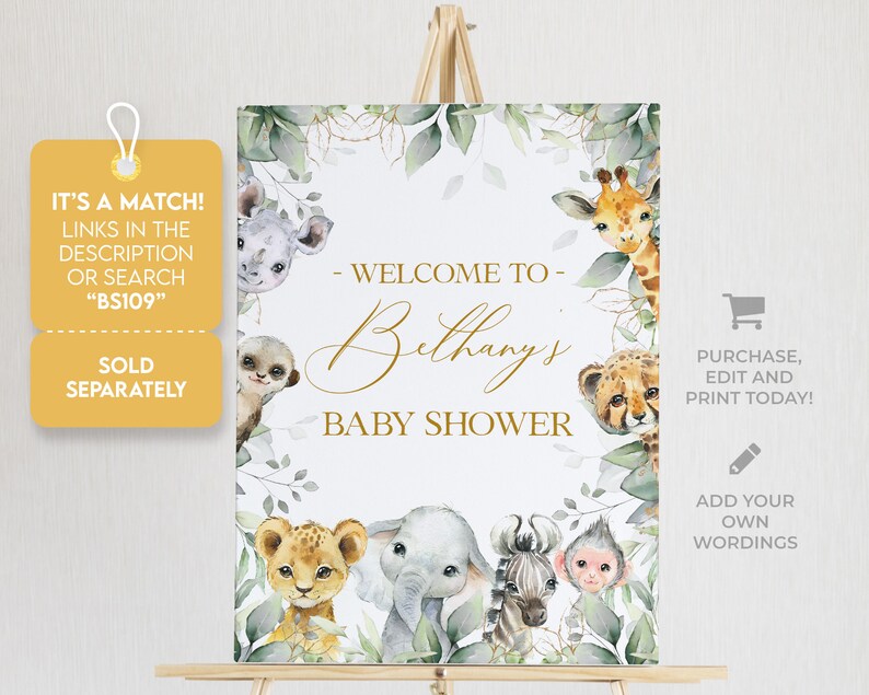 Pu&ograve; includere: Benvenuti al Baby Shower di Bethany con tema giungla. Il cartello presenta un'illustrazione ad acquerello di una giraffa, un ghepardo, una scimmia, un elefante, una zebra e un rinoceronte. Il cartello &egrave; decorato con foglie verdi e lettere dorate.