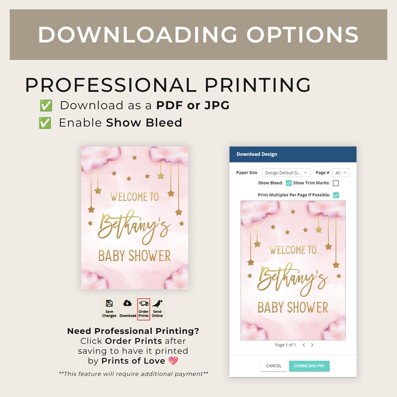 Może przedstawiać: R&oacute;żowe i złote zaproszenie na baby shower z chmurami i gwiazdami. Tekst brzmi "Witamy na baby shower Bethany".