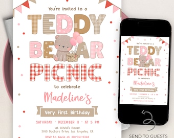 Teddy Bear Picnic First Birthday Invitation, EDITABLE Kids 1st Invite Template, Girl Summer Outdoor Party, Pink Bear, Instant Download KP161