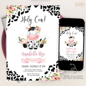 Holy Cow Birthday Invitation, EDITABLE Cow Party Invite Template, Printable Girl First Birthday, Floral Cow Print, Instant Download KP179
