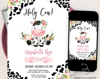 May include: A printable invitation for a 2nd birthday party with a cow theme. The invitation features a cartoon cow with a pink flower crown and the text "Holy Cow!" and "Annabella Rose is turning 2".