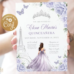 Invitación Quinceañera Lila Púrpura y Plata, Tiara EDITABLE 15 Cumpleaños, Torre Eiffel Parisina, Mis Quince Anos, Descarga Instantánea Q052