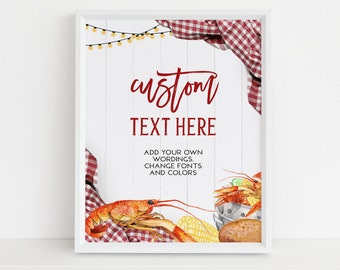 Könnte beinhalten: Ein druckbares Schild mit einem rot-weiß karierten Hintergrund, einem weißen Holzplankenhintergrund und einer Aquarellillustration eines Crawfish-Kochens. Der Text auf dem Schild lautet "individueller Text hier" und "fügen Sie Ihre eigenen Formulierungen hinzu, ändern Sie Schriftarten und Farben".