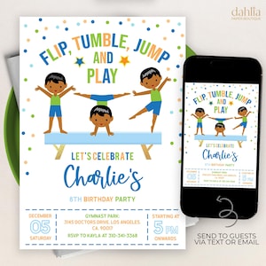 Puede incluir: Una invitaci&oacute;n azul y verde para una fiesta de cumplea&ntilde;os de 8 a&ntilde;os para un ni&ntilde;o. La invitaci&oacute;n presenta una imagen de dibujos animados de tres ni&ntilde;os haciendo gimnasia en una viga de equilibrio. El texto de la invitaci&oacute;n dice "Flip, Tumble, Jump and Play. Let's Celebrate Charlie's 8th Birthday Party". La invitaci&oacute;n tambi&eacute;n incluye la fecha, la hora y la ubicaci&oacute;n de la fiesta.