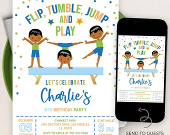 Gymnastics Birthday Invitation, EDITABLE Gymnastics Party Template, Brown Skin Boy Tumbling Gymnasts Birthday Invite, Instant Download KP074