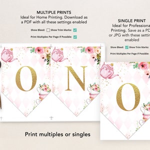 May include: A printable banner with the letters O, N, and O in gold with pink floral accents. The banner is designed for a first birthday party.