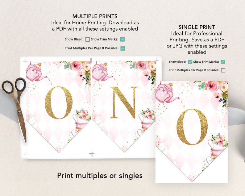 May include: A printable banner with the letters O, N, and O in gold with pink floral accents. The banner is designed for a first birthday party.