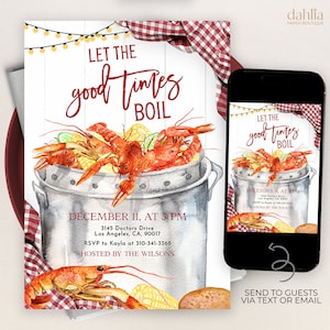 Editable Seafood Boil Party Invitation, Let The Good Times Boil, Crawfish Boil Engagement, Any Occasion, Red Plaid Digital Invite, KP183 image 1