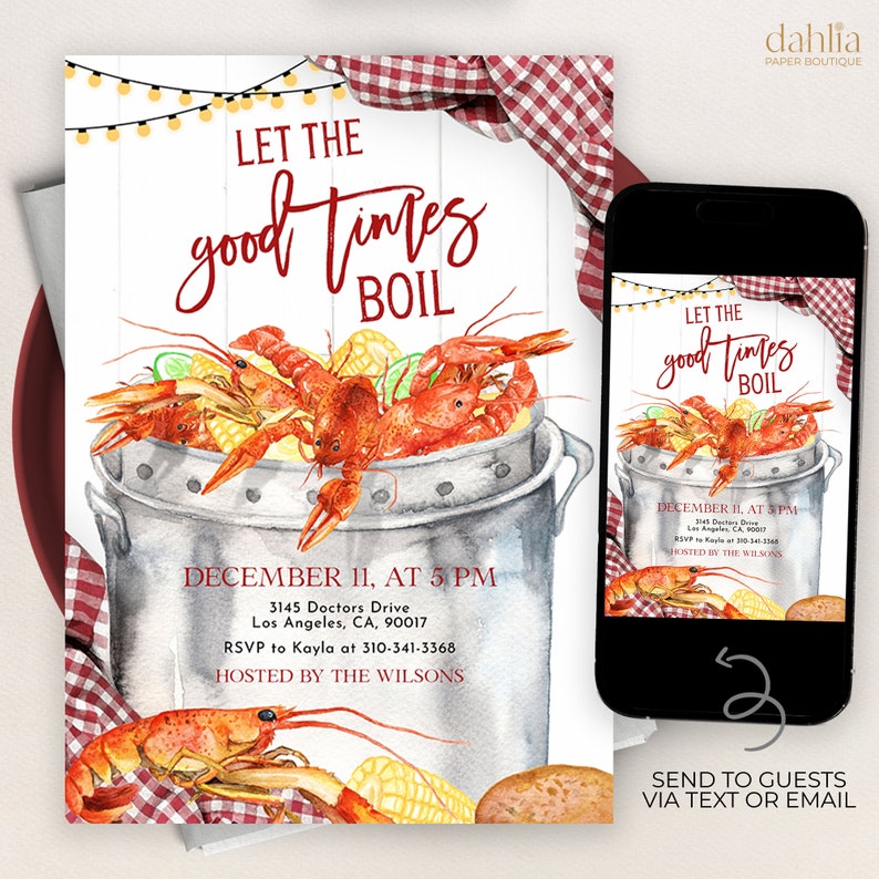 Editable Seafood Boil Party Invitation, Let The Good Times Boil, Crawfish Boil Engagement, Any Occasion, Red Plaid Digital Invite, KP183 image 1