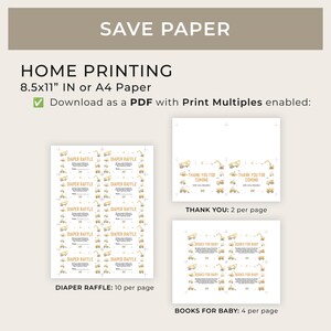Pu&ograve; includere: Un PDF stampabile con disegni per un baby shower. I disegni includono biglietti della lotteria per pannolini, biglietti di ringraziamento e biglietti di richiesta di libri. Il testo include "Save Paper", "Home Printing" e "Download as a PDF".