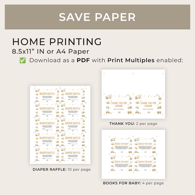 Pu&ograve; includere: Un PDF stampabile con disegni per un baby shower. I disegni includono biglietti della lotteria per pannolini, biglietti di ringraziamento e biglietti di richiesta di libri. Il testo include "Save Paper", "Home Printing" e "Download as a PDF".
