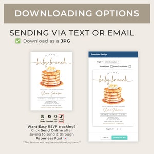 May include: A digital download for a baby shower invitation. The invitation features a watercolor illustration of a stack of pancakes with syrup and whipped cream. The text on the invitation reads "Join for a baby brunch" and includes the name "Olivia Johnson".
