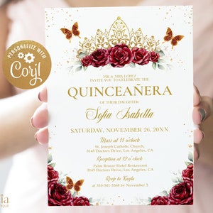 Burgundy Red and Gold Quinceañera Tiara Invitation, EDITABLE Butterfly Party Template, Mis Quince Anos, Floral 15th Birthday Invite, Q028