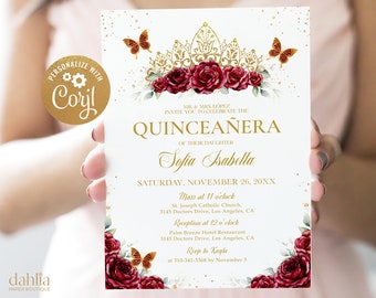 Burgundy Red and Gold Quinceañera Tiara Invitation, EDITABLE Butterfly Party Template, Mis Quince Anos, Floral 15th Birthday Invite, Q028